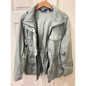 Lands End Womens Utility Field Jacket Sage Green Hooded Cotton Size L 14-16
